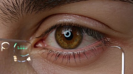 Extreme close up of a brown eye undergoing a biometric scan with a futuristic augmented reality interface displaying digital data - Powered by Adobe