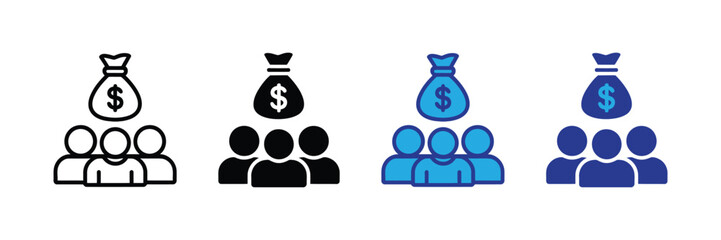 Group of people icons with money bag symbol above, representing teamwork, finance, and investment, isolated on transparent background