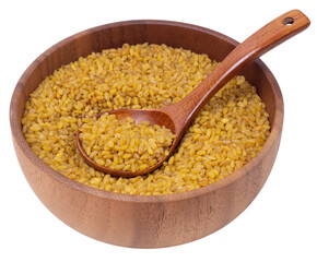 Isolated Bulgur in a wooden bowl with a spoon on a white background