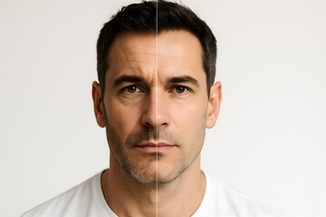 Obraz premium Split image of a man's face showing before and after facial rejuvenation.