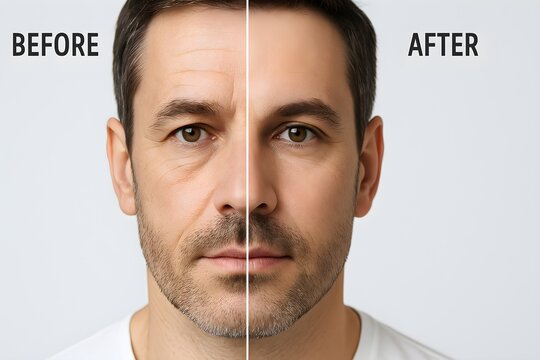 Split image showing a man's face before and after botox or fillers, highlighting smoother skin and reduced wrinkles.