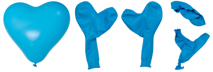 Isolated set of cian inflated, deflated and torn balloon on a white background