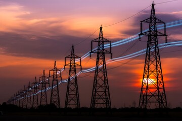 Dramatic sunset silhouette of a series of towering electricity pylons against a vibrant orange and purple sky