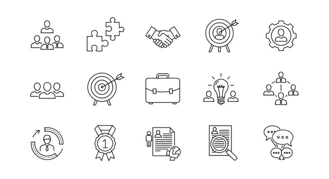 Human resources and business management line icon pack. Teamwork, recruitment, career growth, and strategy concepts. Vector signs for resume, collaboration, goal, and success.