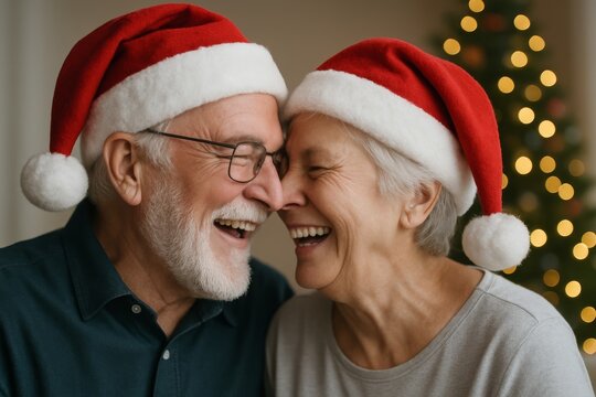 Happy senior couple wearing Santa hats laughing together near Christmas tree lights, celebrating joyful xmas holiday season with love and warmth.. Ai generative