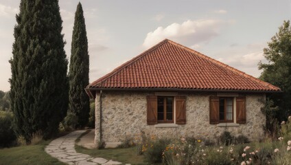 Naklejka premium Charming Stone Cottage with Red Tile Roof Amidst Lush Greenery.