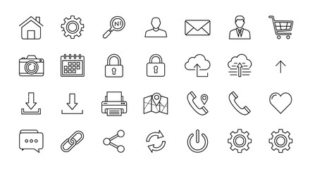 Universal line icon set for web and mobile. Essential collection of thin outline symbols for user interface design. Includes home, settings, search, profile, and contact icons.