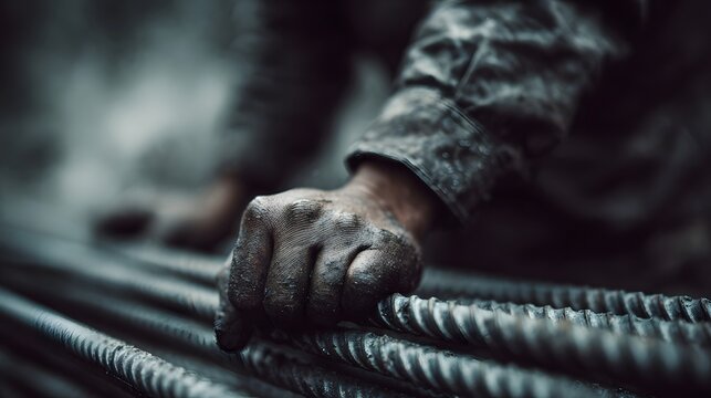 Gritty dirt covered hand of a construction worker firmly gripping steel rebar rods