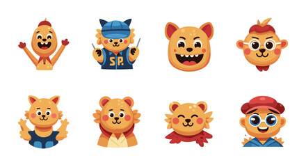 Cute cartoon animal character stickers collection. Funny bear or lion mascot with different emotions and professions. Vector illustration of avatars for social media or chat.