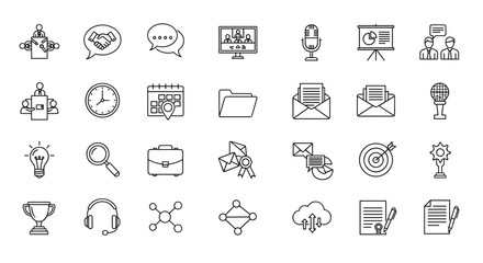 Business line icon set. Corporate communication, meeting, presentation, teamwork, success, and strategy. Vector symbols of award, email, chart, calendar, contract, cloud, folder.