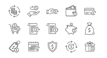 Cashback money return icon set. Financial transaction symbols. Finance, payment, wallet, credit card, shopping cart, receipt, piggy bank, money bag, cash flow, savings, security.