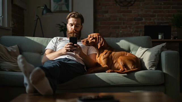 Man with beard and dog relaxing on couch using phone