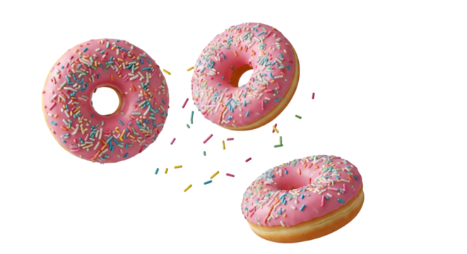 Three Pink Frosted Donuts with Sprinkles Floating
