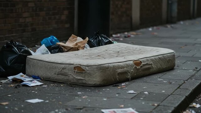 Trash on sidewalk with old mattress and debris, trash in urban street, trash problem with pollution and bad hygiene, worn fabric on pavement, scattered litter around curb, city cleanup and ecology top