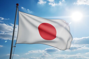 The national flag of japan a white banner with a prominent red disc gracefully waves against a vibrant blue sky filled with fluffy white clouds and bright sunlight
