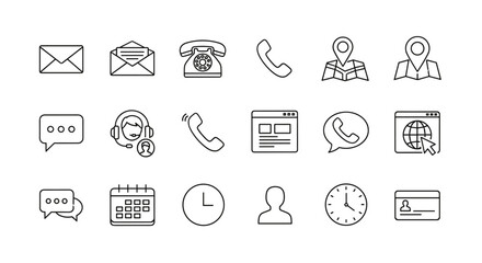 Contact us bold line icons set. Business communication symbols. Customer service, support, and feedback vector icon collection. Phone, email, chat, location, and website signs.