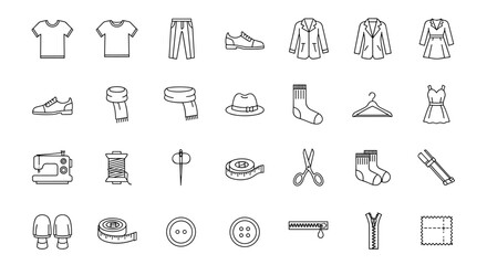 Clothing, fashion and sewing line icon set. Vector outline symbols for tailor shop, dressmaking and repair. T-shirt, pants, dress, shoe, sewing machine, scissors, button.