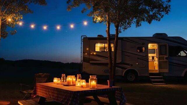 Camping site with rv and campfire at dusk, camping mood shows warm outdoor evening, camping for family rest and slow travel, string lights, lounge chairs, quiet night, cozy outdoor lifestyle