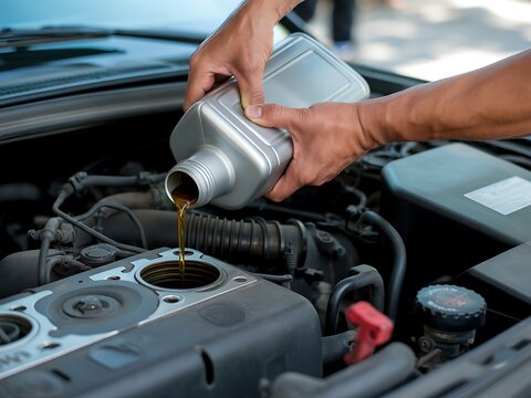 Close up of a person pouring fresh motor oil into a car s engine during a routine maintenance oil change service - Powered by Adobe