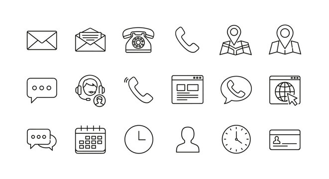 Contact us bold line icons set. Business communication symbols. Customer service, support, and feedback vector icon collection. Phone, email, chat, location, and website signs.