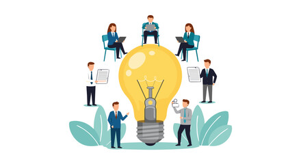 Teamwork concept with business people around a light bulb. Metaphor for brainstorming, new idea, innovation, creative solution, startup strategy, and collaboration meeting.