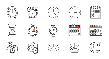 Time management icon set vector. Line art collection of clock, calendar, stopwatch, planner for productivity, scheduling, business efficiency, organization, and workflow concepts.