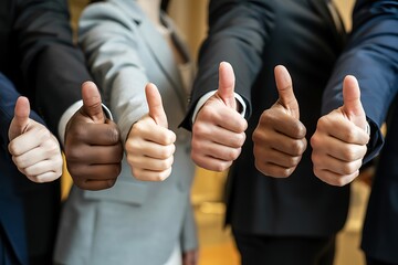 Diverse group of professionals in suits giving thumbs up gesture signifying agreement success and positive teamwork in a business setting
