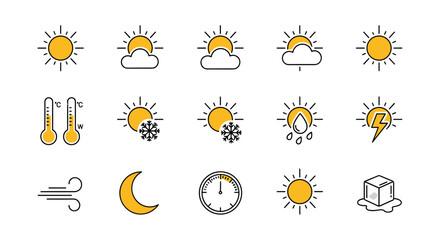 Weather icon collection. Big set of forecast symbols. Meteorology signs. Sun, cloud, rain, snow, wind, moon, thermometer, storm, ice. Line art vector for app and web ui.