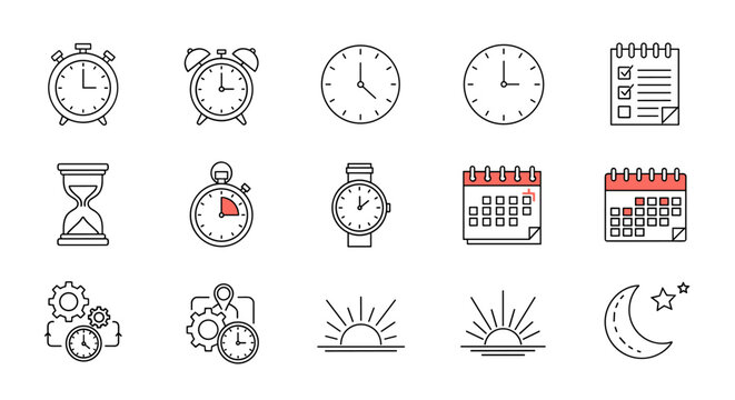 Time management icon set vector. Line art collection of clock, calendar, stopwatch, planner for productivity, scheduling, business efficiency, organization, and workflow concepts.
