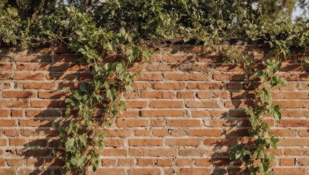 Brick wall adorned with climbing vines creating a natural texture.