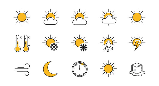 Weather icon collection. Big set of forecast symbols. Meteorology signs. Sun, cloud, rain, snow, wind, moon, thermometer, storm, ice. Line art vector for app and web ui.