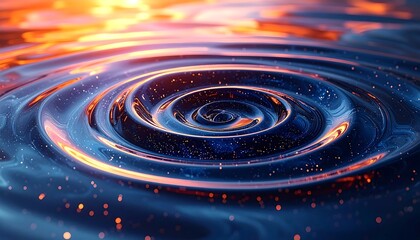 Abstract close-up of circular ripples, with fiery sunset colors and scattered glowing particles