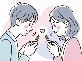 Fototapeta premium マッチングアプリでマッチが成立し、喜ぶ男女のイラスト。スマートフォンを手にした若者が恋愛の始まりを感じて嬉しそうにする現代的なフラットデザイン。