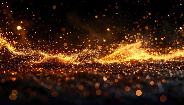 Abstract golden glowing particles wave in dark background with bokeh effect during night time