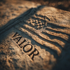 Patriotic Legacy: Engraved American Flag and Word "Valor" on Stone Monument