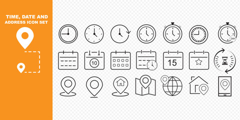 Time, date and address line icon set. Clock, calendar, location pin. Editable stroke. Vector illustration.