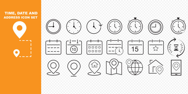 Time, date and address line icon set. Clock, calendar, location pin. Editable stroke. Vector illustration.