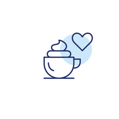 Cappuccino with whipped cream and heart. Romantic date, love for coffee. Pixel perfect, editable stroke vector icon