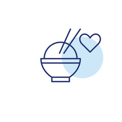 Steamed rice cup and chopsticks. Favorite delivery dishes, asian cuisine takeaway and home cooking. Pixel perfect, editable stroke vector icon