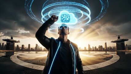 Man interacts with hologram cloud interface. Futuristic city frames figure on rooftop helipad. Eyewear display augmented reality rings and data. Tech glow and cyberpunk light shape city future now. - Powered by Adobe