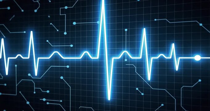 Blue heartbeat waveform on a digital grid background, symbolizing health and technology