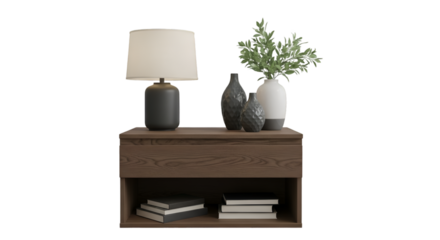 Modern Nightstand with Lamp, Vases, and Books