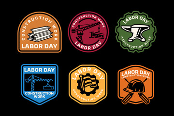 labor day retro badge logo set with helmet, crane, gear, flag, steel beam. construction building industry with tool and equipment vintage emblem patch element design collection. vector illustration