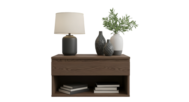 Modern Nightstand with Lamp, Vases, and Books - Powered by Adobe