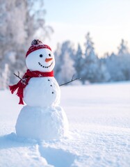 A happy snowman illustration with a scarf and carrot nose stands in a blue winter landscape
