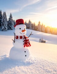 Obraz premium A happy snowman illustration with a scarf and carrot nose stands in a blue winter landscape