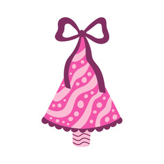 Cute Striped Christmas Tree with Ribbon. Playful Pink fir with wavy pink lines and frilly lace for kawaii poster, cards, invitations, festive printable art. Vector illustration