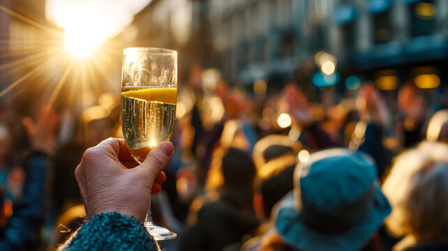 Champagne toast in celebration with a crowd, bathed in golden sunlight, marking a special occasion or achievement.