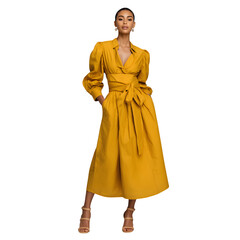 Young beautiful woman showing yellow clothes isolated on transparent background