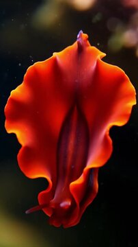 Close up of a vibrant orange flatworm with dark stripes swimming in dark water environment detail